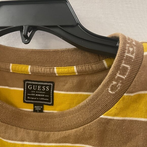 Vintage 90s GUESS Los Angeles Logo Striped Shirt – Brown & Yellow, Men’s Size S - Picture 2 of 5